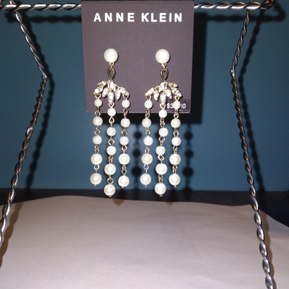 Anne Klein Dangly Pearl, Rhinestone and Gold Earrings NWT